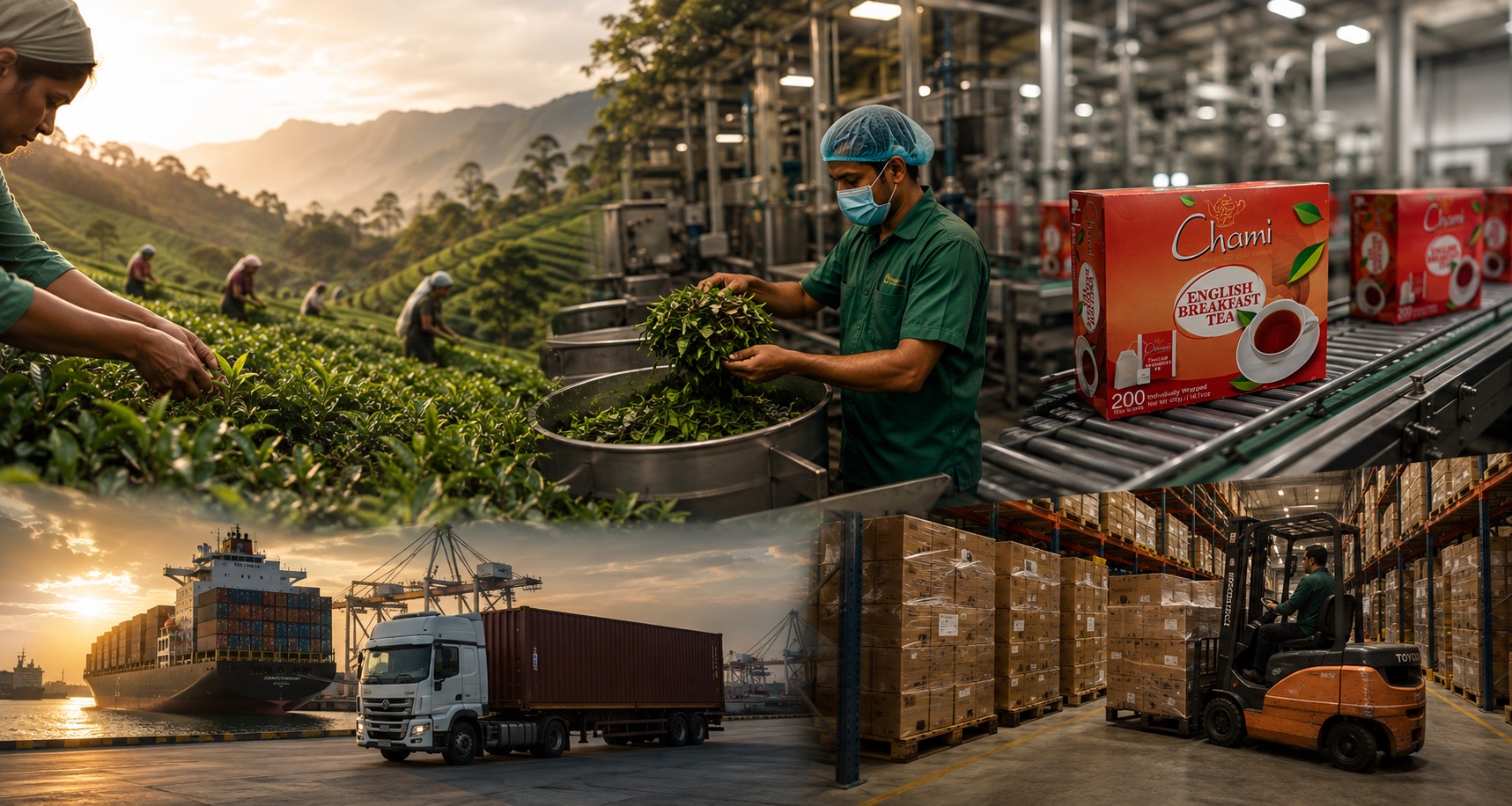 Ceylon Royal Tea's integrated operation: factory processing, packaging line, and logistics