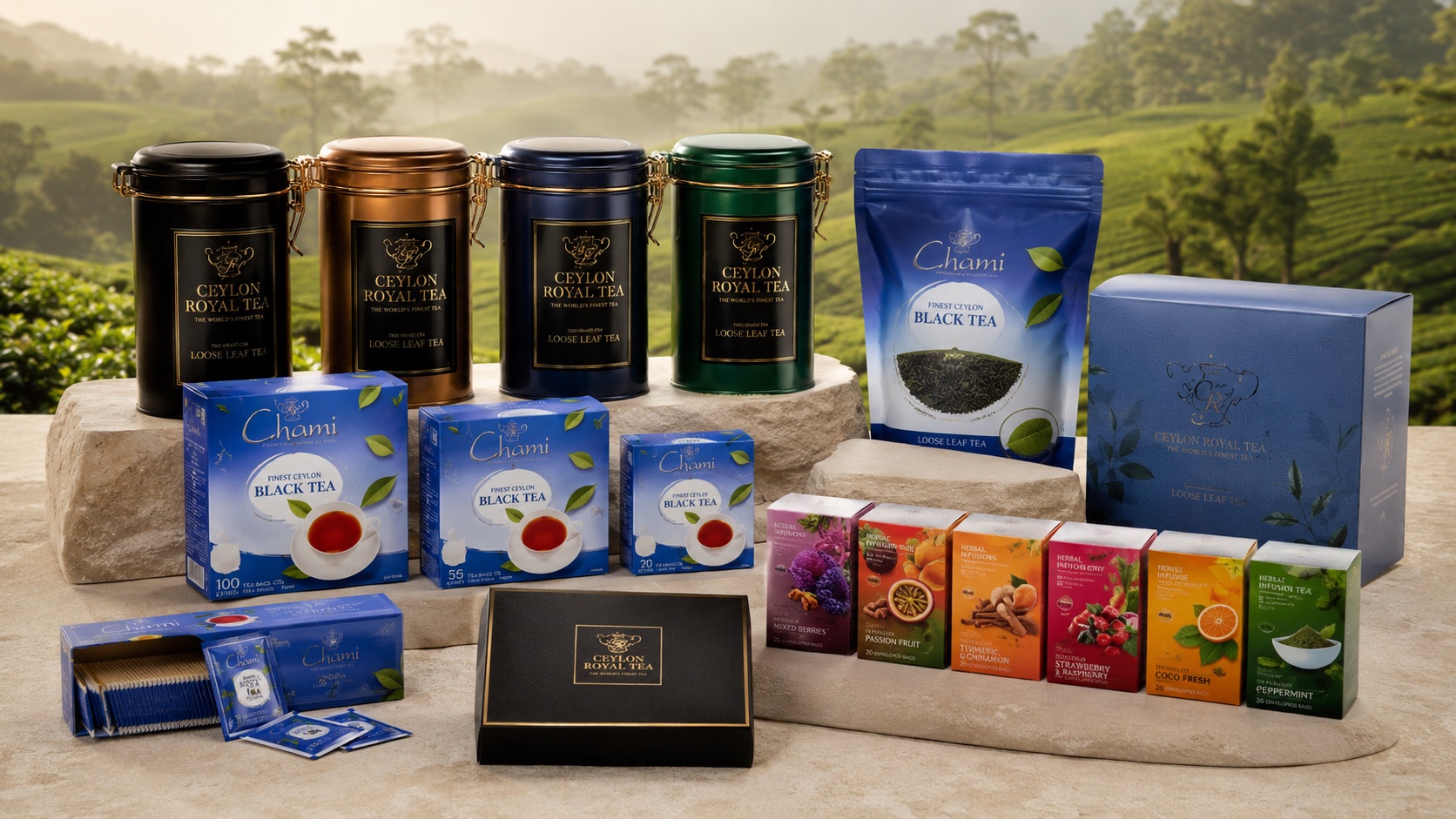 Ceylon Royal Tea and CHAMI branded tins, pouches, and gift boxes displayed with a tea plantation backdrop