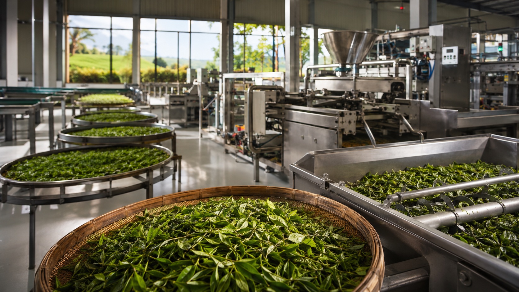 Modern tea processing facility with fresh tea leaves on rotating trays and automated production machinery