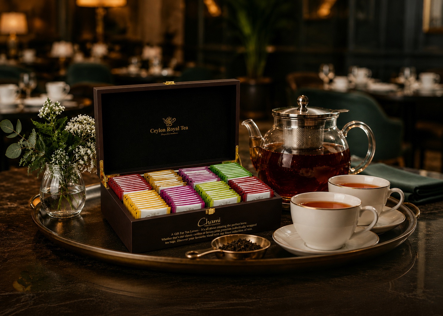 Ceylon Royal Tea and CHAMI gift box tea service on an elegant restaurant table with teapot and cups