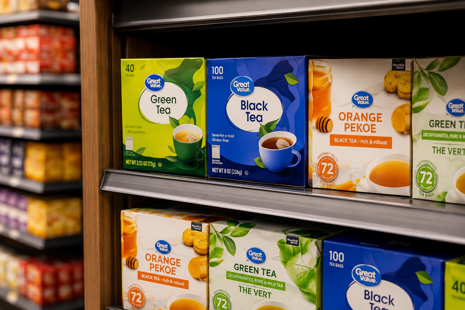 Premium tea boxes displayed on a bright retail shelf